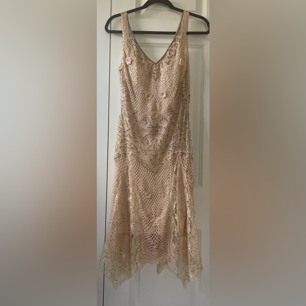 Sue Wong champagne lace and beaded dress size 8. Never worn, with tags.